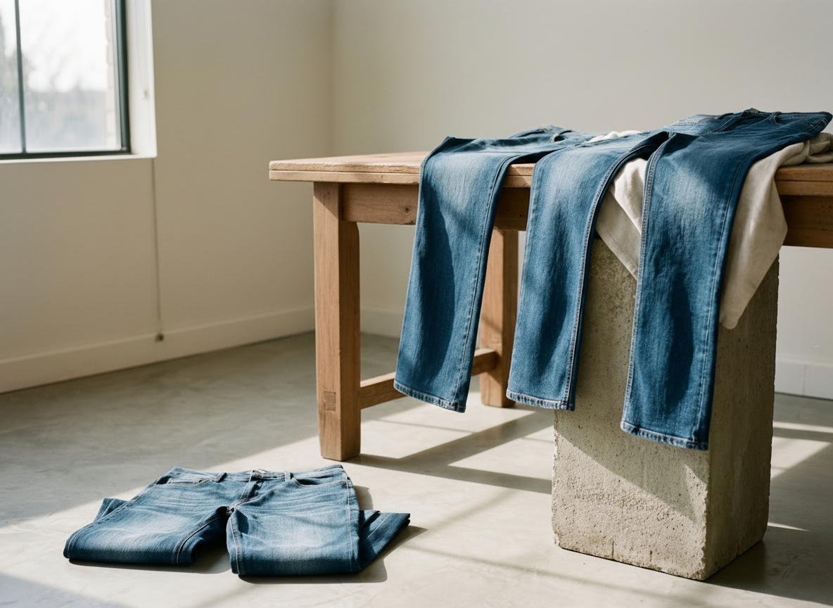 SOH's Blue jeans draped over a wooden bench in a room with a window and concrete floor.